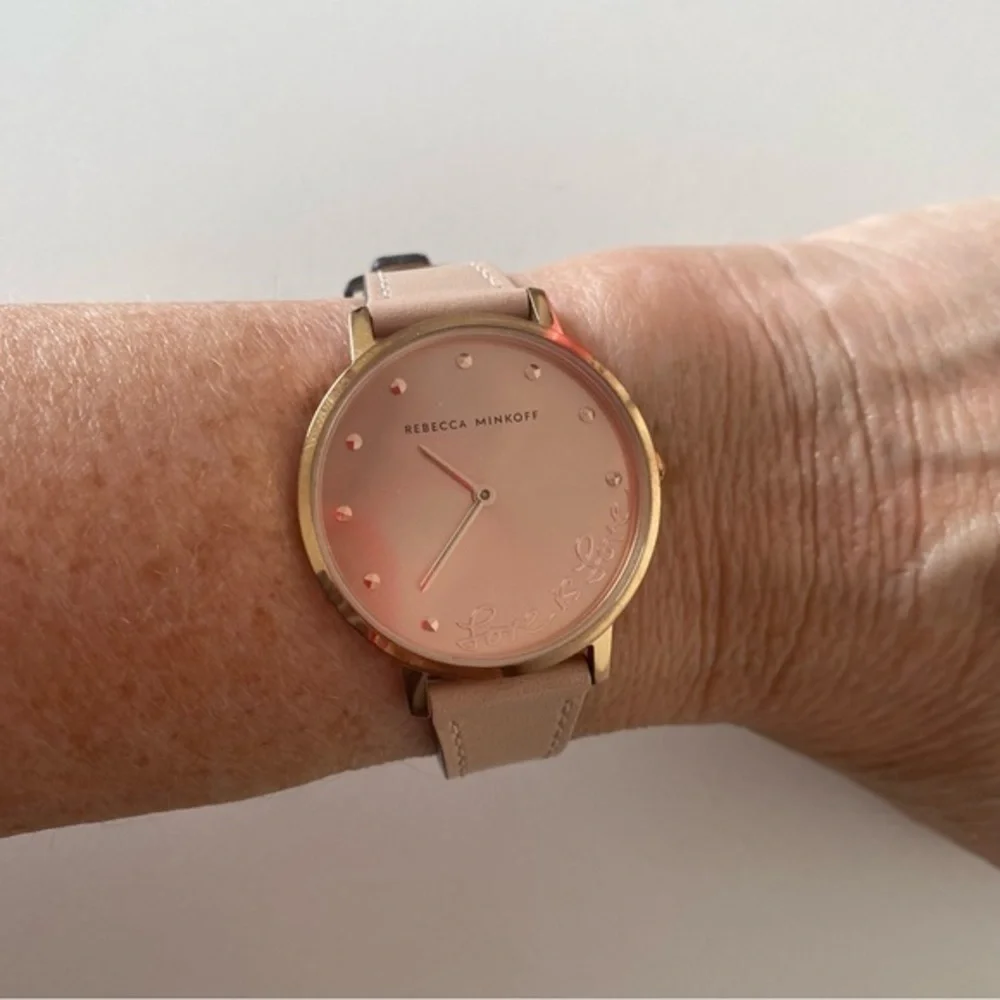 Rebecca Minkoff Rose Gold Love round Face Tan Leather Quartz Watch